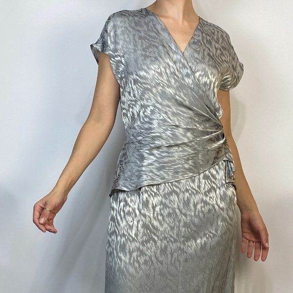Vintage 80s SILKY Silver Faux Wrap DISCO Dress! Medium - Picture 7 of 7